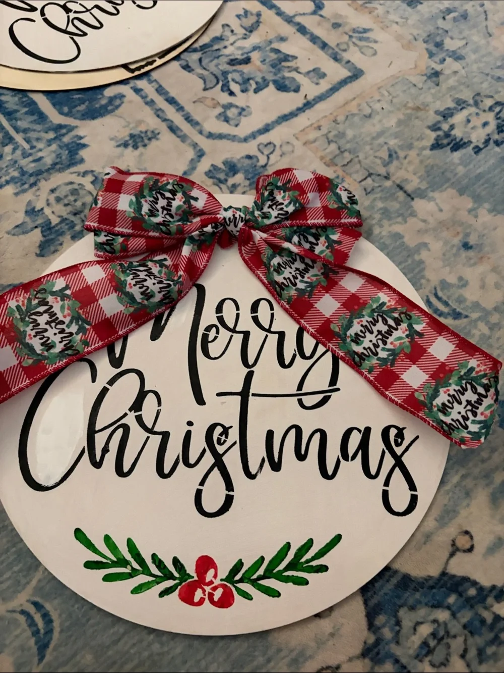 Merry Christmas Round Holiday Sign with Red Plaid Bow